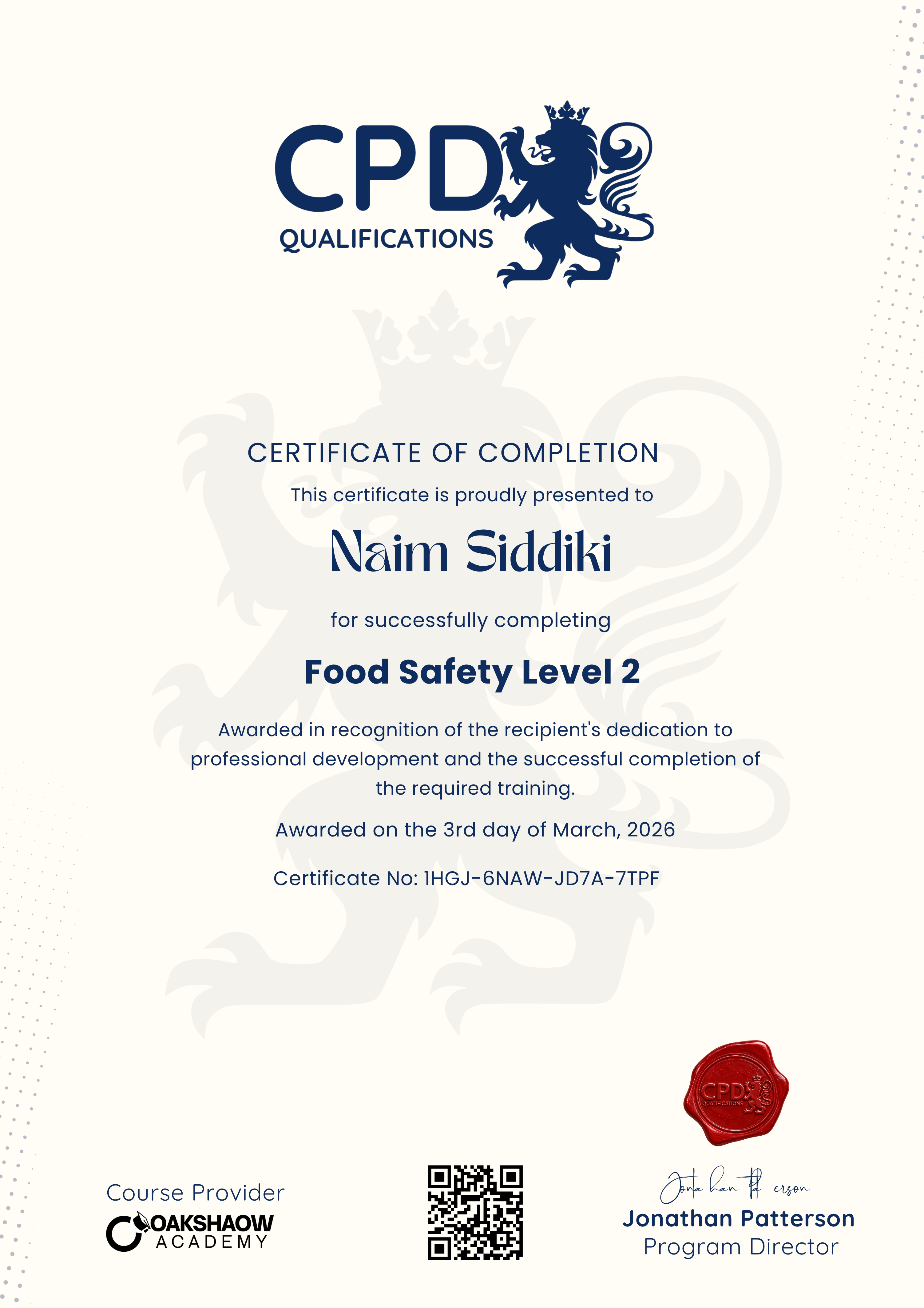 Course certificate example