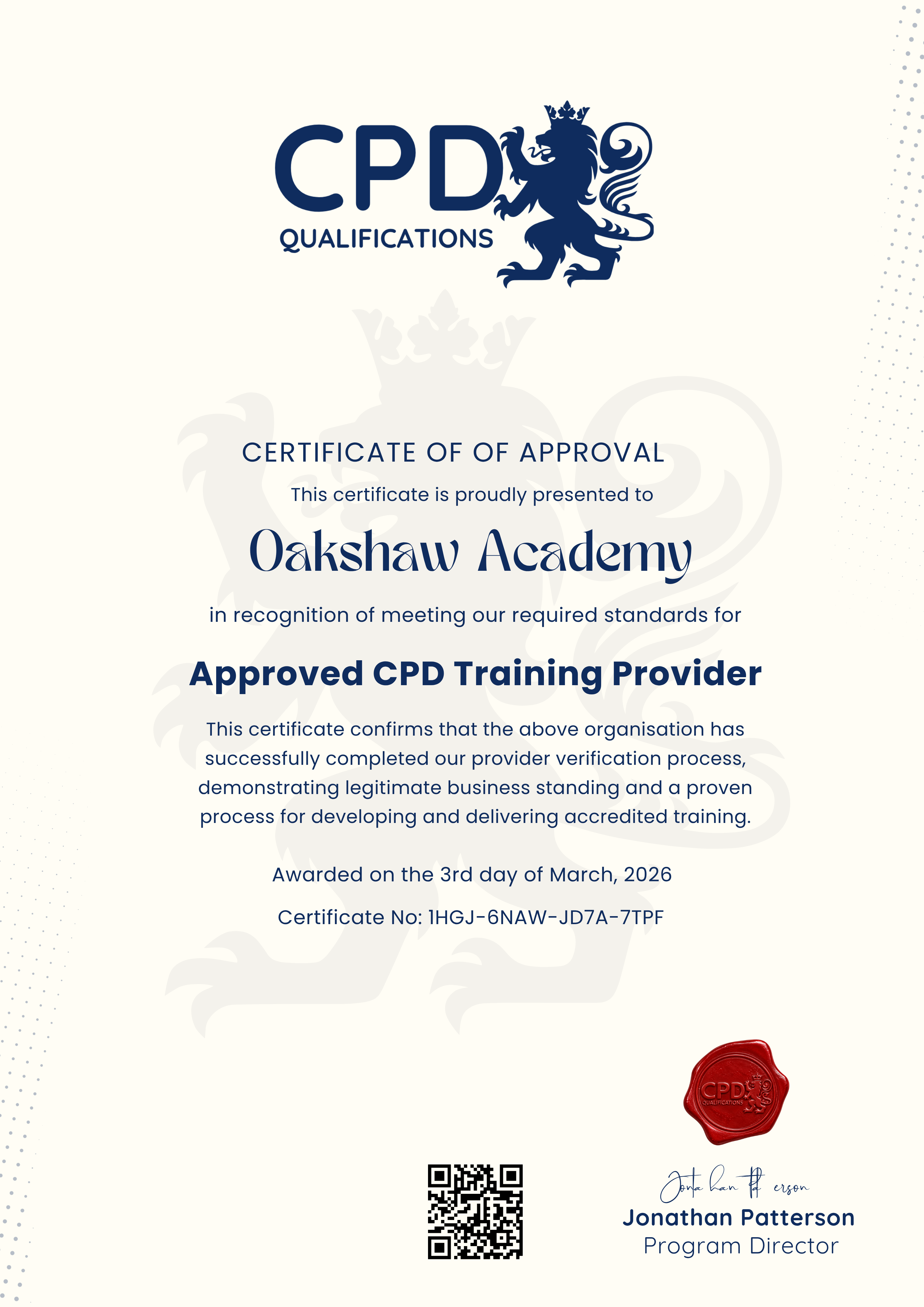 Provider certificate example